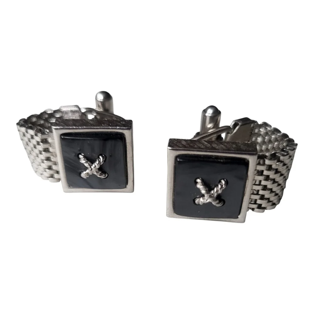 Black Marbled Silver Tone Mesh Chain Cuff Links One Size (11/16 approximate)